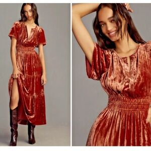 Anthropologie The Somerset Maxi Dress Velvet Edition Tiered Smock Auburn XXS NWT
